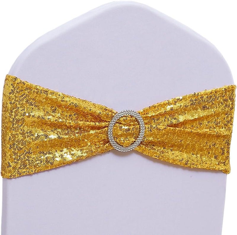 SINSSOWL Pack of 100 Spandex Sequin Gold Chair Sashes for Wedding Chair Sashes for Party Fiesta Baby Shower Decor Chairs Bands - Sequins Gold Sash for Chairs - Image 1